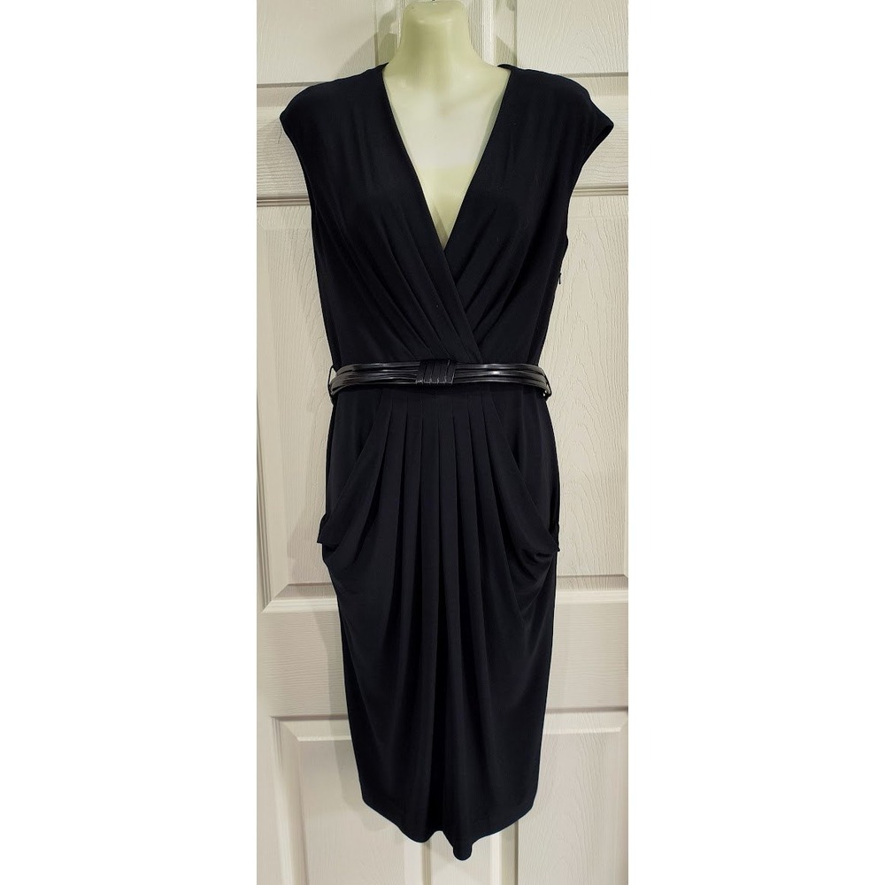 Anne Klein New York Womens Black Pleated V-Neck Belted Sheath Dress Size 8